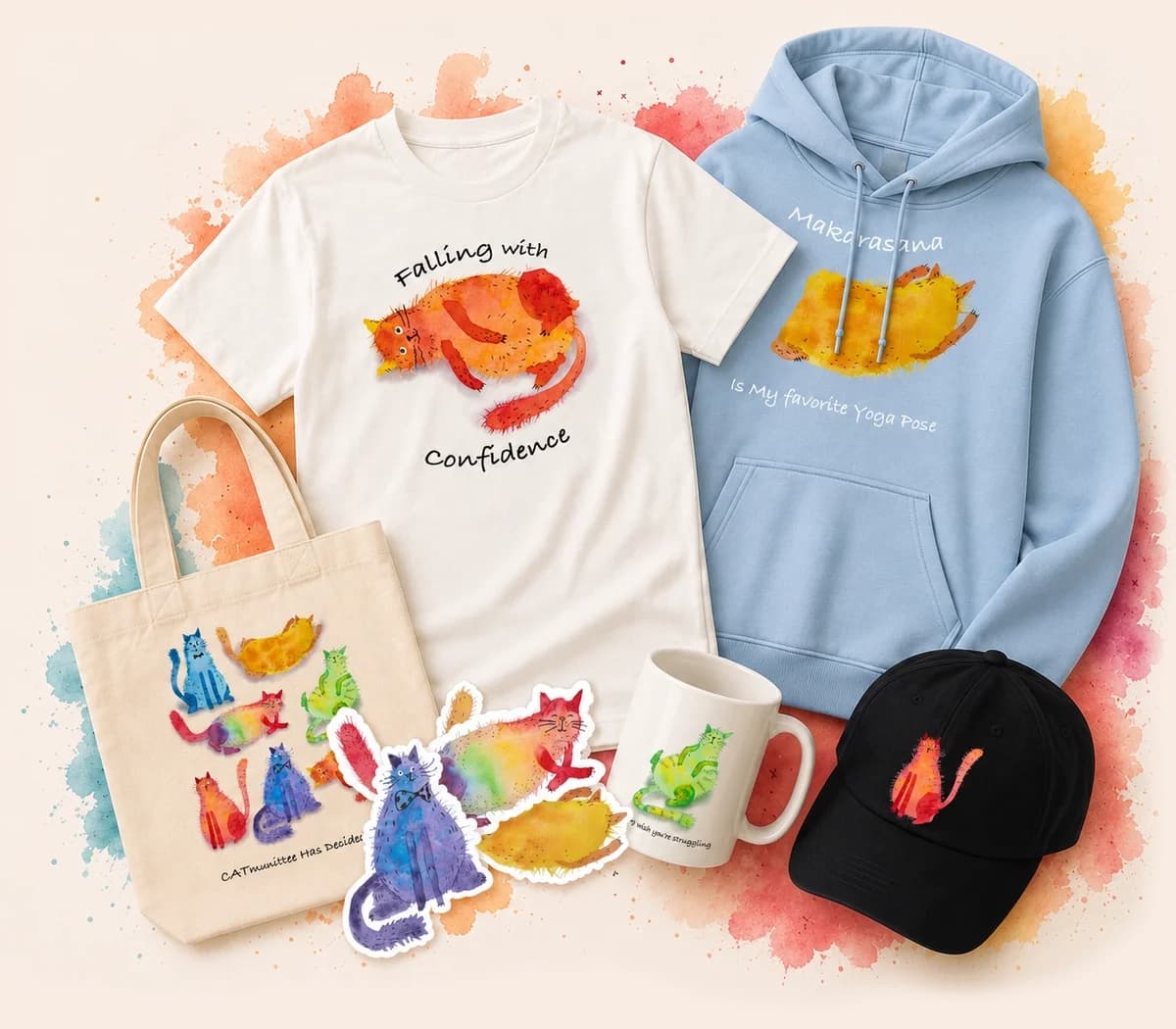 Overtone Mood collection — t-shirts, hoodies, tote bags, stickers, caps, and mugs featuring original watercolor art