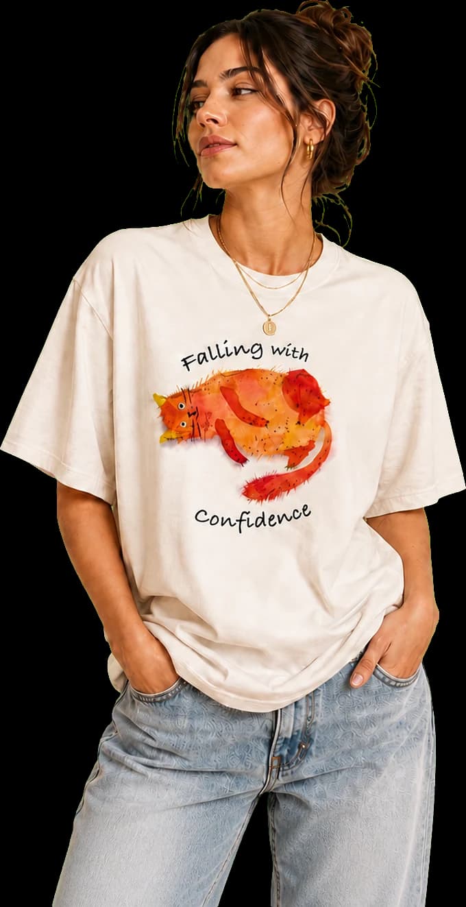 Model wearing a cream t-shirt with an orange watercolour cat and the words Falling with Confidence