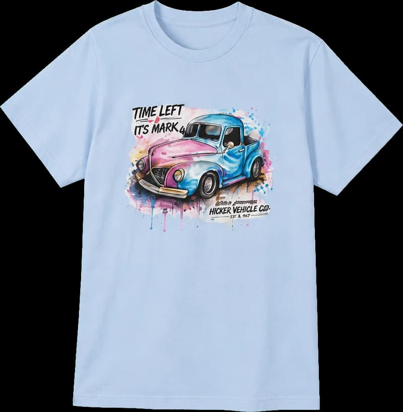 Light blue t-shirt with a watercolour vintage pickup truck design