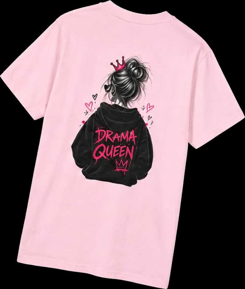 Pink t-shirt with a Drama Queen graffiti-lettering design